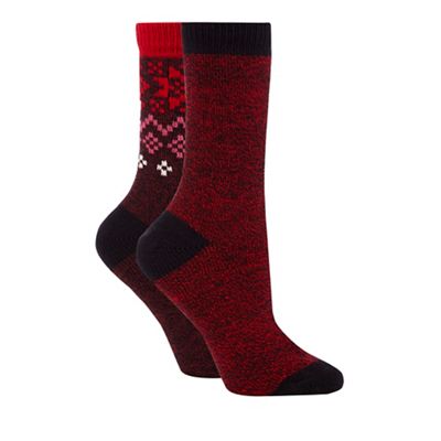 Pack of two red and dark red plain and patterned thermal socks